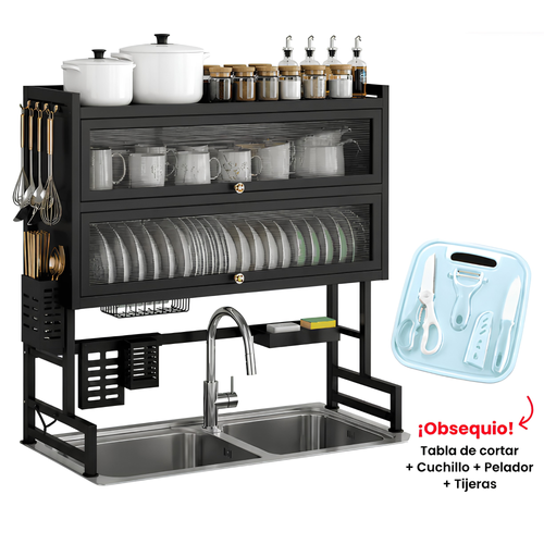Organizador de Cocina Sobre el Lavaplatos 65cm – Escurridor Doble + Set de Cocina de Regalo