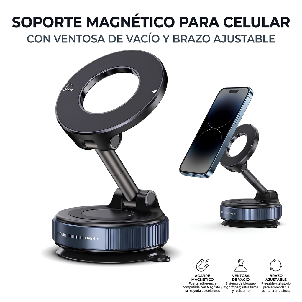 Soporte Magnético para Celular con Ventosa y Brazo Ajustable