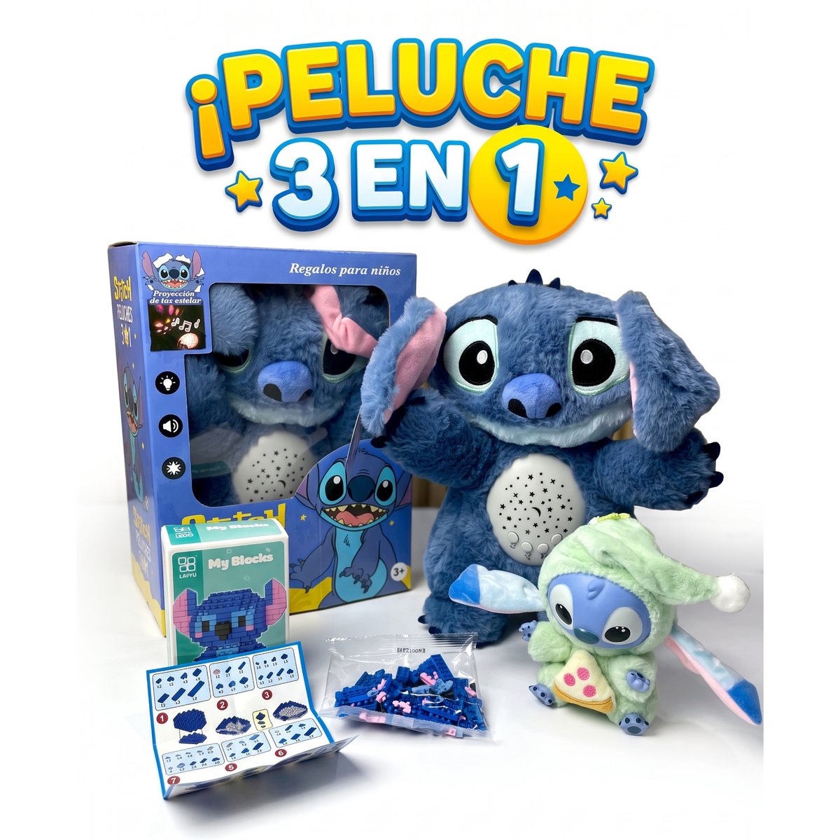 Set Peluche Stitch Azul 3 en 1