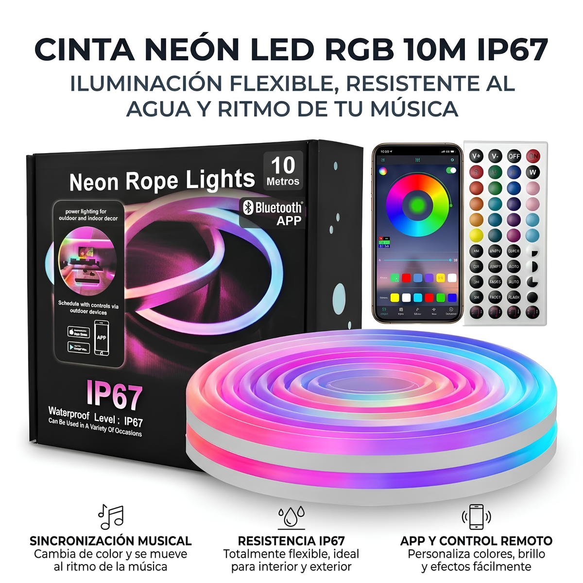 Manguera Neón LED RGB 10 Metros Bluetooth – Sincroniza con la Música
