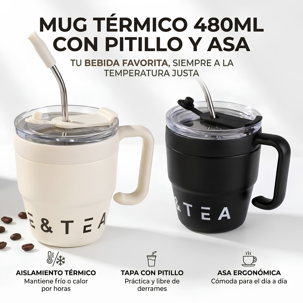 Mug Térmico 480ml con Pitillo y Asa
