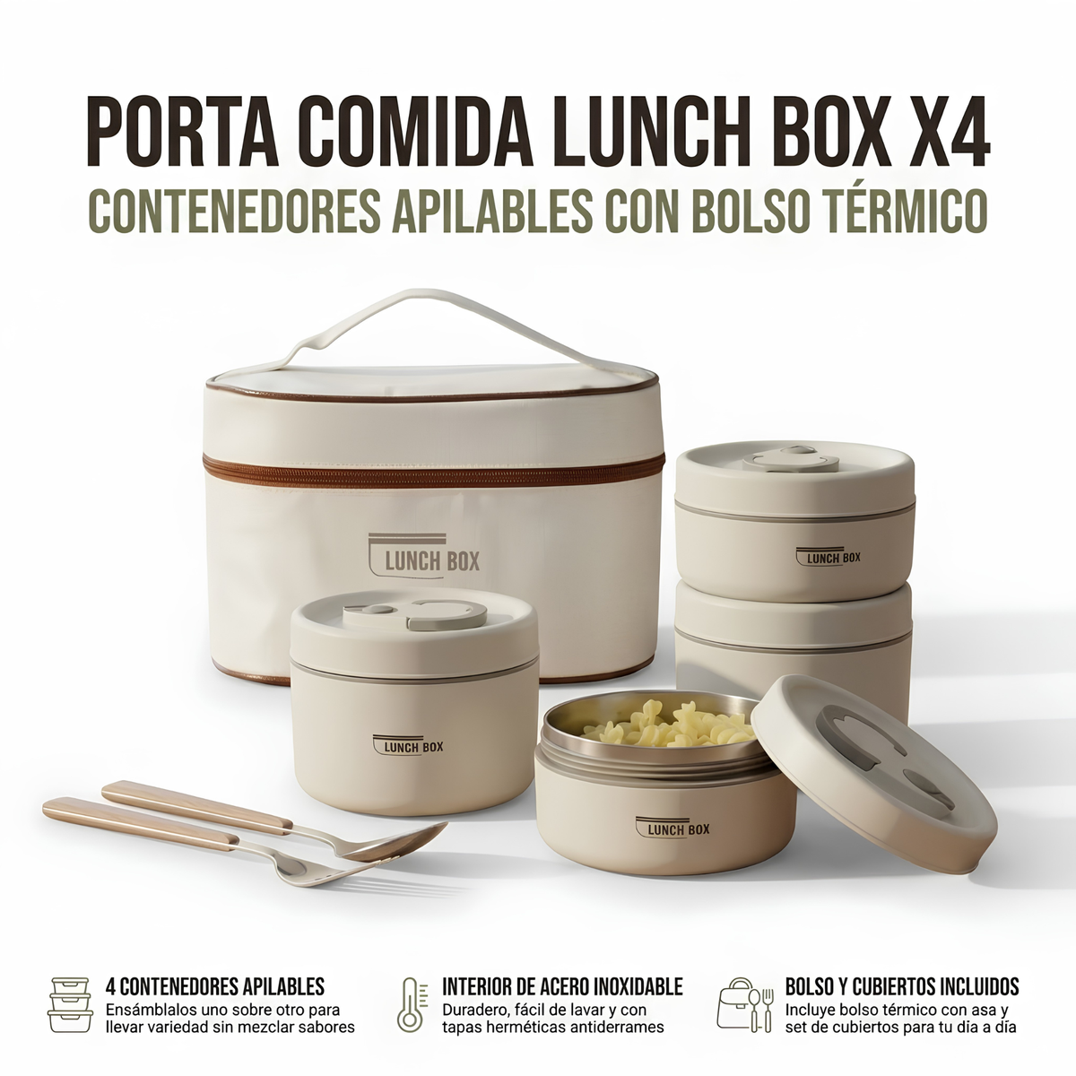 Porta Comida Lunch Box X4 – Contenedores Apilables con Bolso Térmico