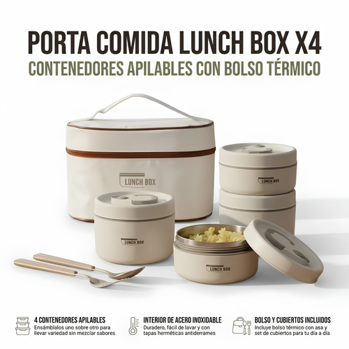 Porta Comida Lunch Box X4 – Contenedores Apilables con Bolso Térmico
