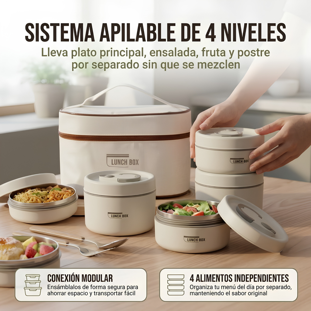 Porta Comida Lunch Box X4 – Contenedores Apilables con Bolso Térmico