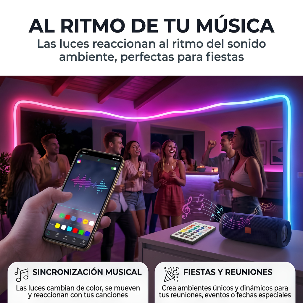 Manguera Neón LED RGB 10 Metros Bluetooth – Sincroniza con la Música