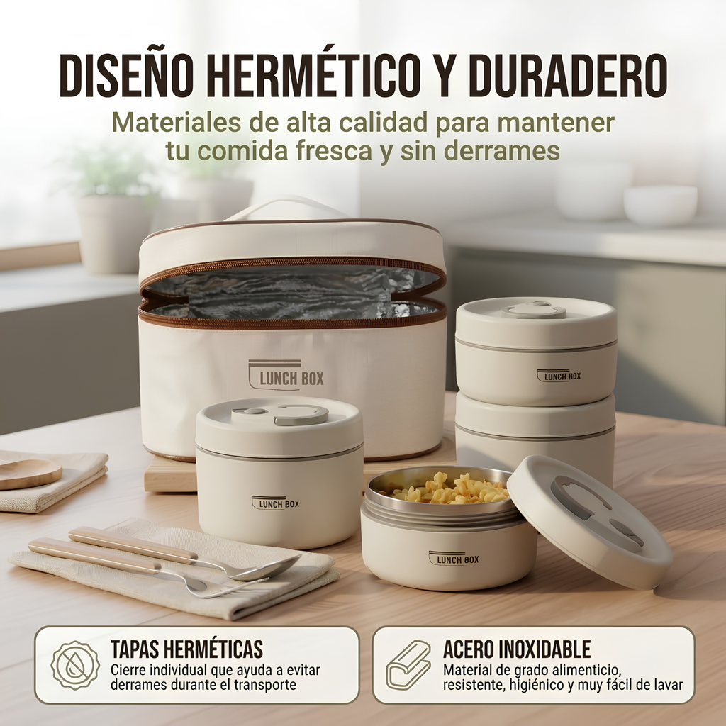 Porta Comida Lunch Box X4 – Contenedores Apilables con Bolso Térmico