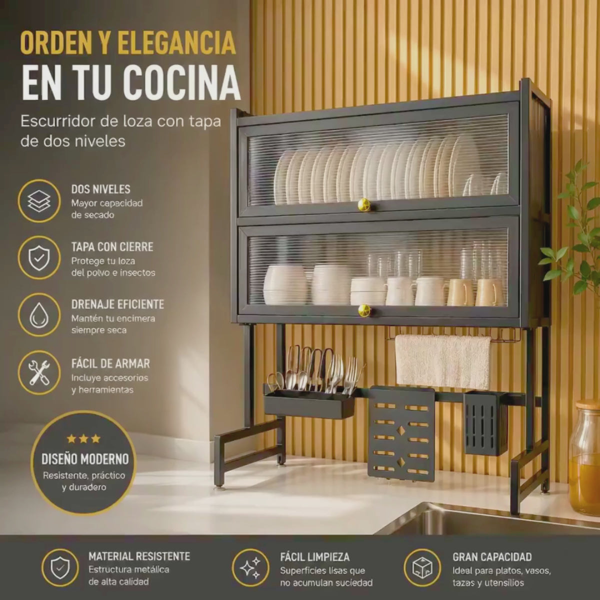 Organizador de Cocina Sobre el Lavaplatos 65cm – Escurridor Doble + Set de Cocina de Regalo